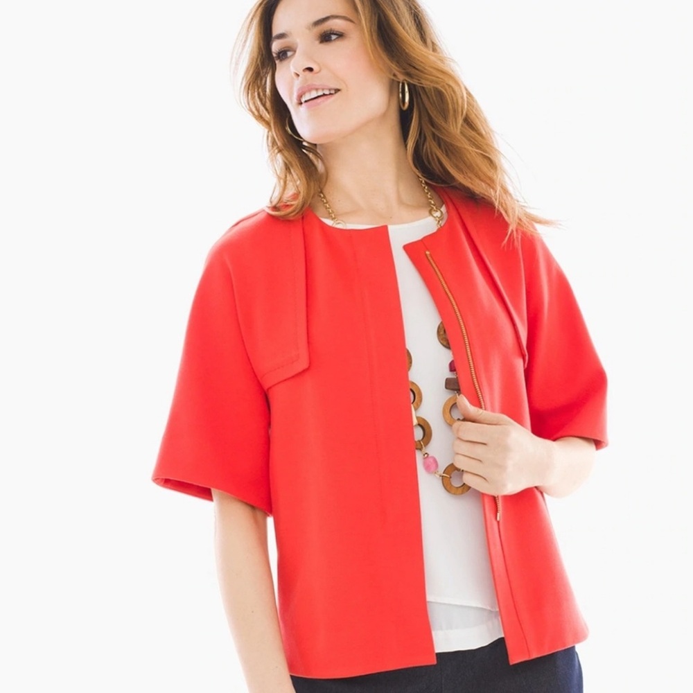 CHICOS SZ 2 Twill Ponte Jacket Orange 3/4 Sleeve Zipper Tailored Look Large